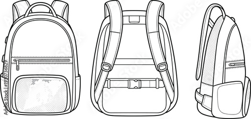 School backpack vector illustration set, modern travel rucksack line art collection with front back side views and pocket details