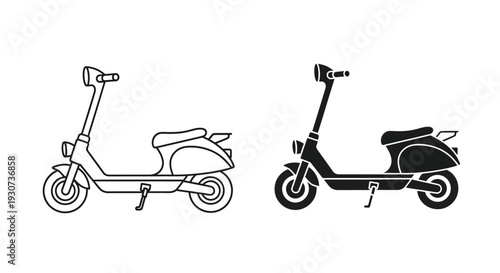 Two electric scooter designs one outlined and one in solid black silhouette