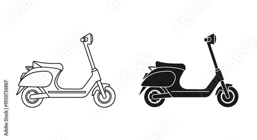 Two electric scooters one outlined and one solid display a modern silhouette
