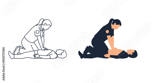 Performing cpr on an adult illustrated with a striking silhouette