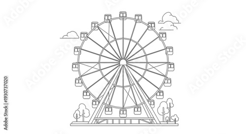 Line art illustration of a ferris wheel with trees and clouds silhouette