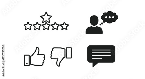 Rating feedback and communication icons in a minimalist style silhouette