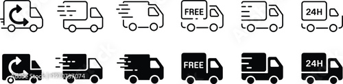 Delivery truck icon set featuring fast shipping, free delivery, and twenty four hour service symbols for logistics, transport, and ecommerce business.