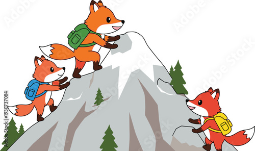 Cartoon foxes hiking and mountain climbing adventure with colorful backpacks, snowy peaks, pine trees, teamwork, exploration, and determination