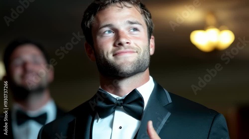 Slow motion tracking close up of groom adjusting tuxedo jacket at indoor reception banquet hall with warm chandelier lighting