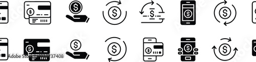 Financial icon set featuring credit cards, dollar coins, money exchange symbols, mobile banking apps, and electronic payment systems for business.