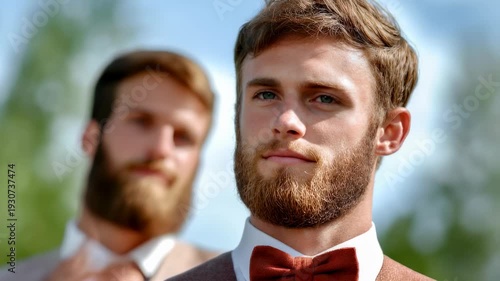 Tracking shot of groom standing with groomsman during outdoor wedding ceremony in garden setting