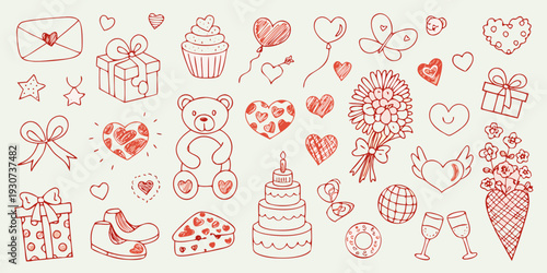 A collection of hand drawn red sketches depicting love and celebration