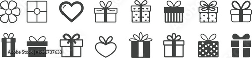Gift box icon set featuring various present designs, heart shapes, ribbons, and surprise packages for Christmas, Valentine's Day, and birthday celebrations.