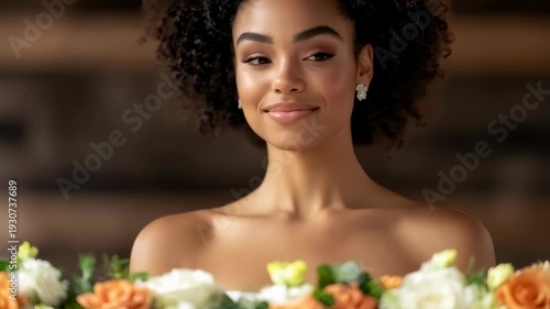Slow motion tracking shot of young woman smiling and glancing down over bouquet of orange and white flowers in warm studio setting