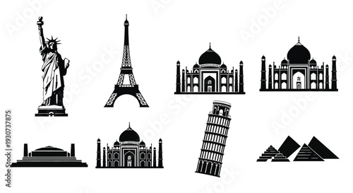 Set of 7 famous landmarks icons vector