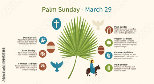 Palm Sunday illustration with Jesus riding donkey and religious symbols