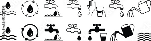 Water icon set featuring faucets, drops, recycling symbols, watering cans, and drinking glass icons for ecology, plumbing, and conservation concepts.