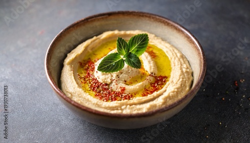 creamy hummus with olive oil chili flakes and mint leaves served in ceramic bowl mediterranean vegan food styled for healthy plant based cuisine concept