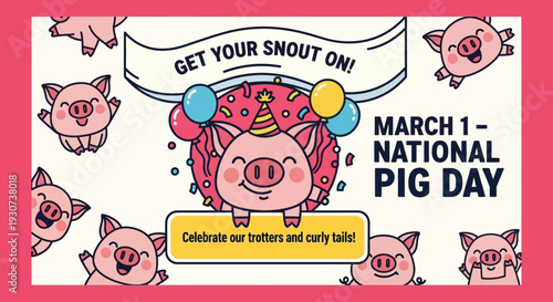 Happy pigs celebrating National Pig Day with party hats and balloons