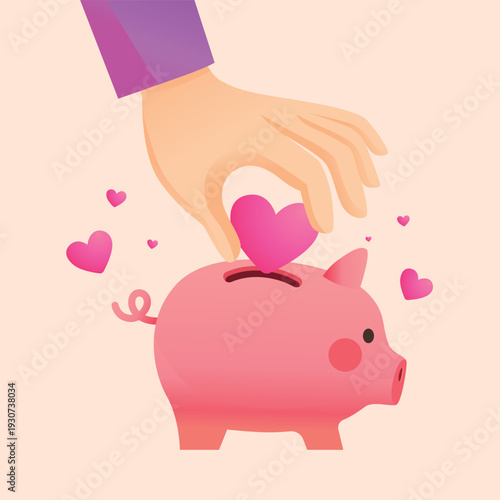 Hand Purple Shirt Putting Heart Shaped Coin into Piggy Bank