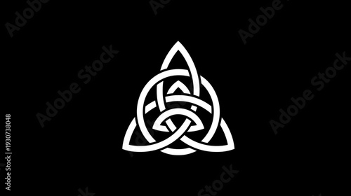 A white Celtic knot symbol on a black background. Simple and elegant design