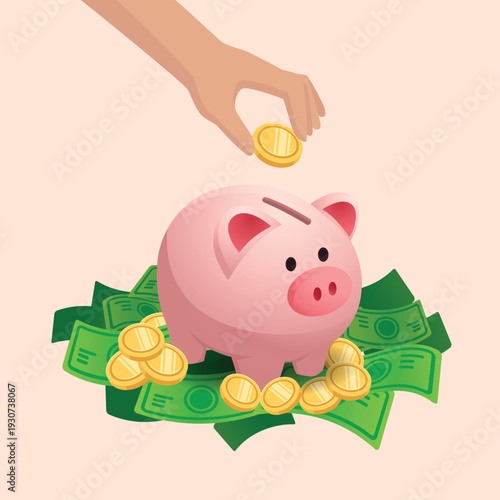 Hand dropping coins into piggy bank with money and coin under the pig