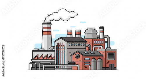 Industrial Factory Building with Smokestack.