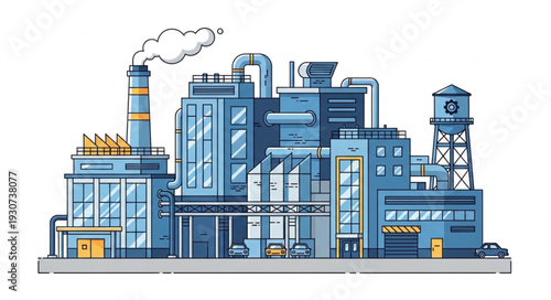 Industrial Factory Building with Smokestack.
