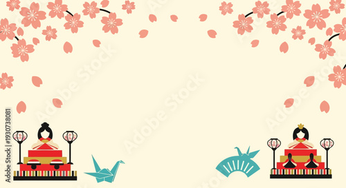 Vibrant Japanese geisha under blooming cherry blossoms with traditional lanterns and origami