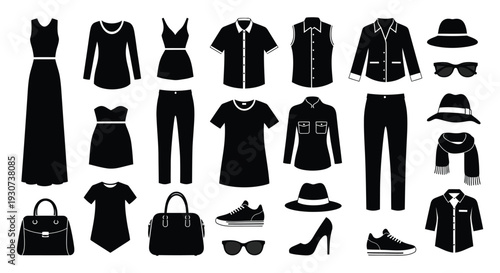 A collection of black clothing items and accessories displayed as flat vector graphics showcasing a stylish silhouette high quality professional detailed