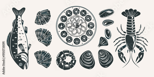 Vintage illustration of various seafood and shellfish in black and white