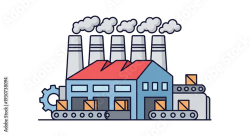 Industrial Factory Building with Smokestacks.