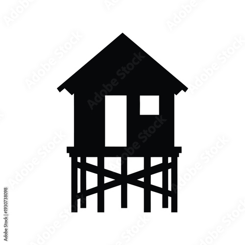 Beach Hut on Stilts Vector Silhouette Icon Isolated on White Background