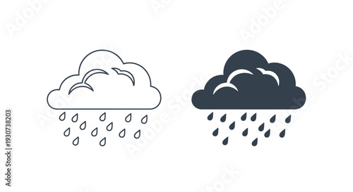 Two cloud icons depicting rain one outlined and one solid silhouette