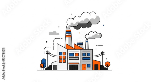 Industrial Factory Building with Smokestacks.