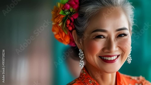 Slow motion tracking shot of woman smiling and adjusting hair in indoor ceremonial setting with colorful attire