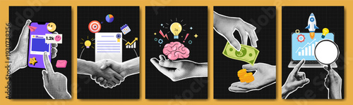 Set of dot halftone hand gesture with torn paper sticker, mobile phone, computer laptop, light bulb, brain and business infographic icon. Online investment and technology idea symbol for social media.