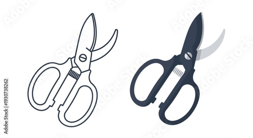Two illustrations of pruning shears one outlined and one shaded silhouette