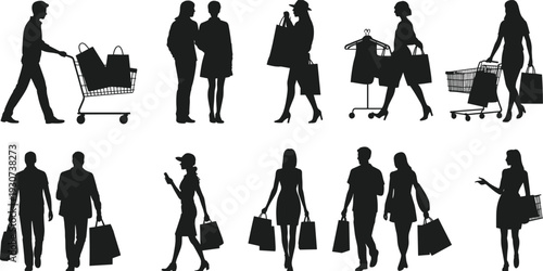 Shopping people silhouette vector set, men and women with bags and cart retail consumer lifestyle illustration isolated on white