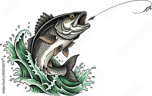 Large mouth bass jumping out of water on a fishing line struggling to break free