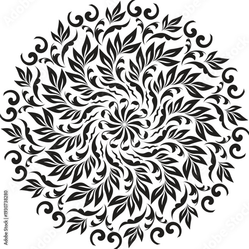 Intricate black floral pattern with swirling leaves and curls design