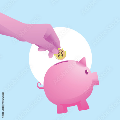 Pink Hand Inserting Coin into Pink Piggy Bank Blue Background