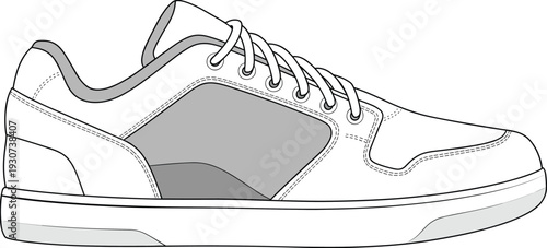 Sneaker shoe outline vector illustration, casual sport footwear with laces and thick sole isolated fashion design