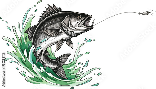 Large mouth bass jumping out of water on fishing line