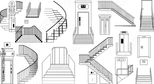 Staircase and elevator vector set, residential and commercial building interior elements line art collection, spiral stairs, lifts and access equipment illustration