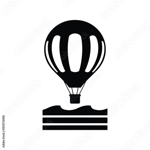 Hot air balloon silhouette vector over water minimal black and white graphic icon