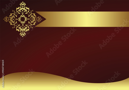Rich red gradient background with gold ornamental decoration and ribbon banner