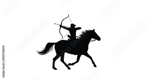 Archer on horseback dynamically posed in a striking black silhouette