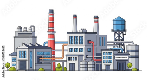 Industrial Factory Building with Chimneys.