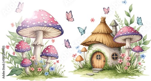 Whimsical illustration of a tiny house amidst colorful mushrooms and butterflies in a lush garden setting