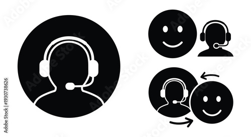 Black and white icons depicting customer service representatives with headsets showcasing communication and support silhouette high quality professional detailed modern elegant