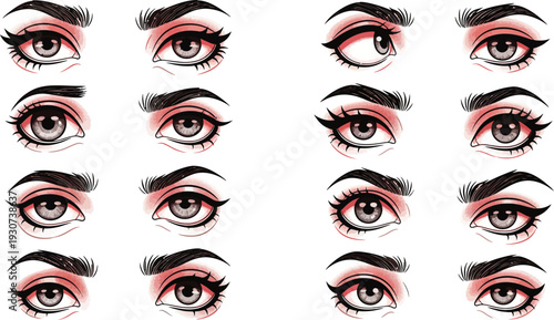 Collection of twelve female eyes with red eye shadow and black eyebrows and eyelashes
