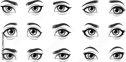 Variety of human eye expressions and eyebrow styles in black and white