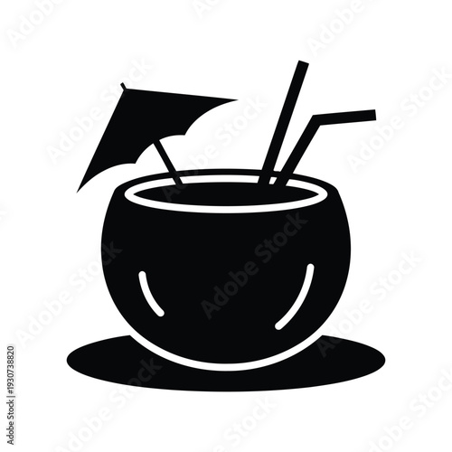 Tropical coconut drink vector silhouette with umbrella and straws for summer beach design